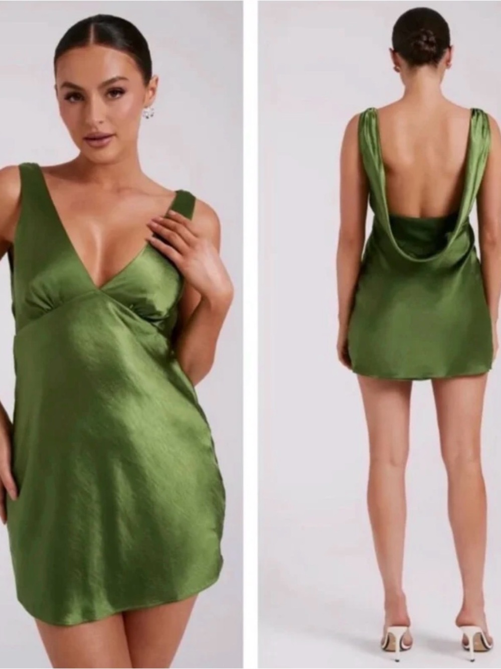 Meshki Nadia Satin Green Cowl Back Mini Dress